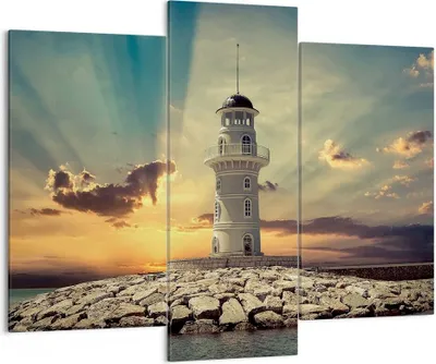 Produktbild von Bild auf Leinwand - Leinwandbild - Leuchtturm Wasser Meer Steine - 130x100cm - Wand Bild - Wanddeko - Leinwanddruck - Bilder - Kunstdruck - Leinwand bilder - Wandkunst - CB130x100-2895