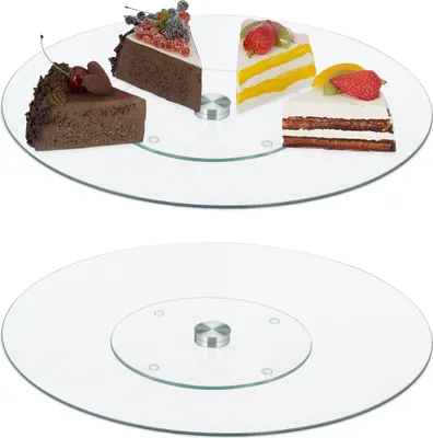 Produktbild von Relaxdays Tortenplatte 2er Set, 360° drehbar, ∅ 30 cm, zum Servieren & Dekorieren, runde Kuchenplatte, Glas, transparent