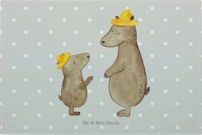 Produktbild von Mr. & Mrs. Panda Hackbrett Bären mit Hut - Grau Pastell - Geschenk, Vatertag, Kinder, Glas Schneidbrett, Dad, Schneideplatte, Muttertag, schneidunterlage, Family