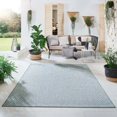 Produktbild von Steffensmeier Indoor Outdoor Teppich Öland Balkon Terrasse Küche Garten wasserfest Kunststoff, strapazierfähig , Raute Mint Beige, 120x170 cm