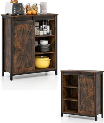 A rustic-style sideboard with sliding barn doors, displaying kitchen items on shelves.