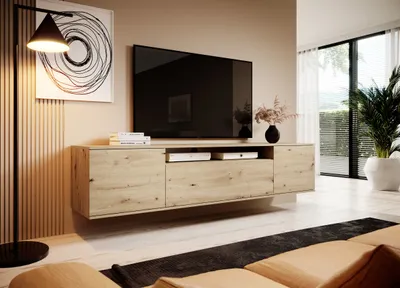 Produktbild von TV-Schrank 180 cm hängend, Fernsehtisch, Lowboard, Eiche Artisan Matt, Modernes Design, "Masimo"
