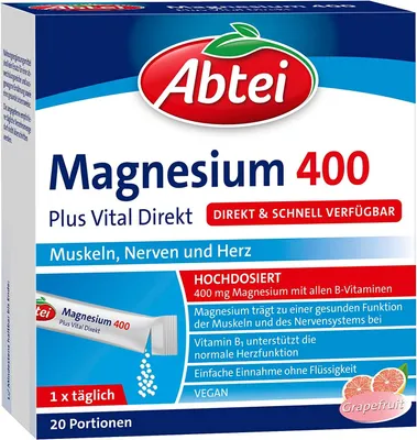 Produktbild von Abtei Magnesium 400 Plus Vital Direkt - für Muskeln, Nerven und Herz - mit allen B-Vitaminen - Hochdosiert - Vegan - Mit Grapefruit-Geschmack