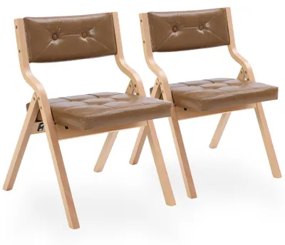 Immagine prodotto di Set di 2 sedie da pranzo pieghevoli in ecopelle, con struttura in legno curvato, colore naturale/marrone chiaro