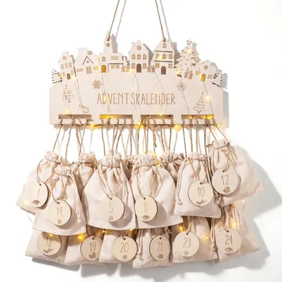Adventskalender zum Befüllen, 24 Stoffbeutel mit Zahlen und Klemmen