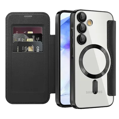 A black flip case with card slots is shown open next to a clear phone case with a magnetic ring.