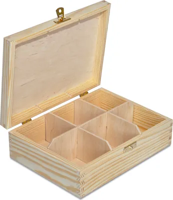 Obrázok produktu pre Creative Deco Drevená Jrabička na čaj Prírodná Borovica | 21 x 16 x 7 cm (+/- 0,5 cm) | Krabička na čaj so 6 Priehradkami a Vekom | | Ideálna na Dekupáž, Dekorácie a Skladovanie čajových Vrecúšok