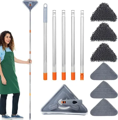 Produktbild von Mop mit Langem Stiel, Dreieckiger Reinigungsmopp, Verstellbarer Wischmopp Mikrofaser-Reinigungspad, 360-Grad-Drehung, Teleskop-Spin Mop für Boden Deck