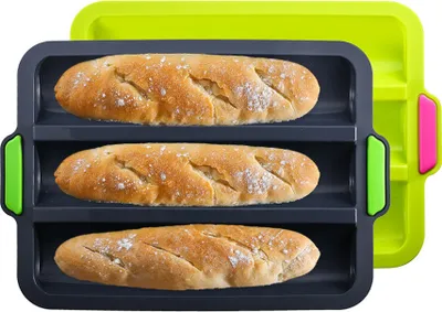 Image de set de 2 plaques à baguettes (pour 3 baguettes), 34x24x3 cm - plaque à baguettes, moule à baguettes en silicone antiadhésif | Brot Crisping Tray, moule à miches, parfait pour la cuisson du French-Bread, Breadstick et petits pains