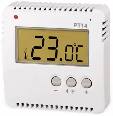 A white digital thermostat is shown against a white background.