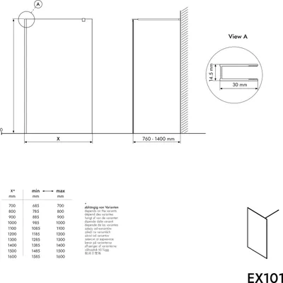 Produktbild von Duschabtrennung Walk-In Nano Echtglas EX101 - Milchglas-Muster Wave - Schwarz matt - Nano Graues Glas - 10 mm - Breite wählbar, Breite Walk-In:1200mm