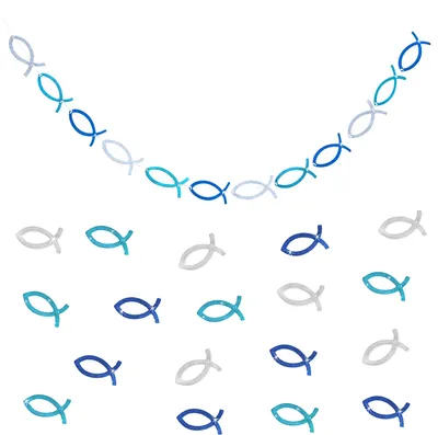 Produktbild von Oblique Unique Fisch Deko Set für Taufe Kommunion Konfirmation - Fisch Girlande - Fisch Konfetti türkis silber blau
