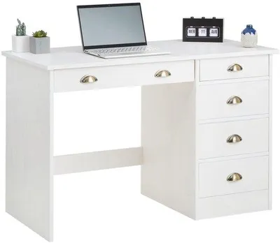 Image de Bureau en bois massif blanc à cinq tiroirs
