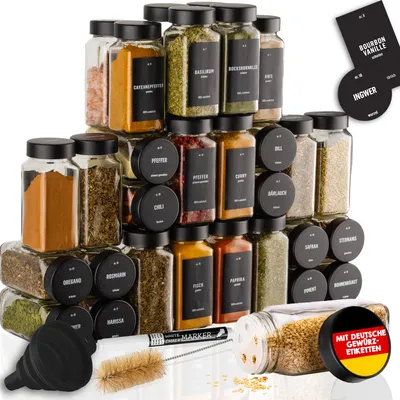 Produktbild von sada 36 vzduchotesných nádob na korenie 120 ml s čiernymi viečkami z nehrdzavejúcej ocele, nástavcami na šejker, lievikom, štetcom, štítkami a kriedovým perom - DECO HAUS
