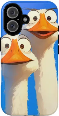 Produktbild von Zwei lustige Gänse mit großen Augen auf blauem Hintergrund – Hülle Kompatibel mit iPhone 16