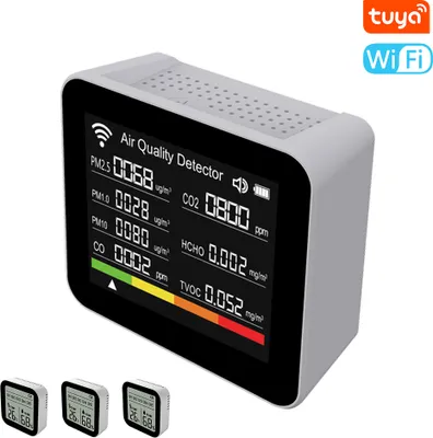 Zdjęcie produktu dla inteligentny monitor jakości powietrza 20 w 1 Tuya WIFI Wewnętrzny detektor CO2 CO/CO2/TVOC/HCHO/PM2.5/PM1.0/PM10/Temperatura/Wilgotność/Czas/Data/Alarm Zdalne sterowanie aplikacją Funkcja alarmu dla domu i biura