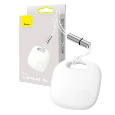 A white Baseus T2 Pro smart GPS tracker is shown next to its packaging.