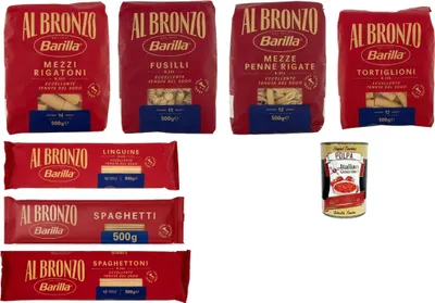 Produktbild von Barilla Al Bronzo Pasta Mix – 7×500 g (Mezzi Rigatoni, Fusilli, Mezze Penne, Tortiglioni, Linguine, Spaghetti, Spaghettoni) – raue Bronze-Oberfläche, saucenfreundlich + Italian Gourmet polpa