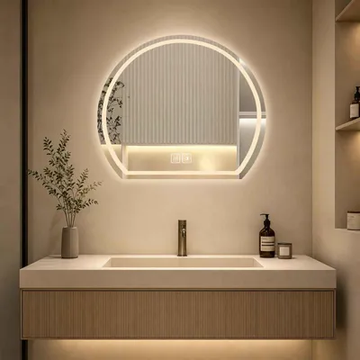 Image de Miroir de salle de bain LED avec éclairage, variateur d'intensité, miroir mural antibuée, interrupteur tactile, lumière tricolore, fonction mémoire, couleur argent, dimensions 60x53 cm