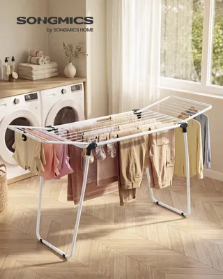 Produktbild von SONGMICS Wäscheständer, Standtrockner platzsparend, klappbar, 158 x 53 x 93 cm, Sockenhalter, weiß