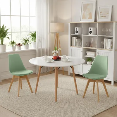 Productafbeelding van Eettafel met 2 stoelen, witte eethoek, ijsgroen, beuken, 120 cm