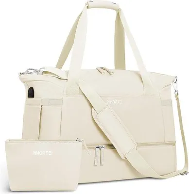 Produktbild von Sporttas für Damen mit USB-Ladebuchse und Schuhfach - Reisegepäck mit Feuchttaschenfach für Fitness, Yoga und Wochenendausflüge in Beige