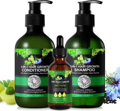 Produktbild von Haarpflege Set 3-in-1 Rizinus Amla Schwarzkümmel Öl mit Biotin: Shampoo+ Conditioner+ Haaröl