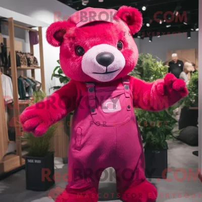 Produktbild von Magenta REDBROKOLY Bär Maskottchen Kostüm Charakter bekleidet mit Latzhose und Ohrringen