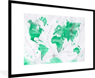 Produktbild von MuchoWow® MuchoWow® Gerahmtes Poster Weltkarte - Ölfarbe - Grün 90x60 cm - Poster mit zchwarzem Bilderrahmen - Wanddekoration - Fotos