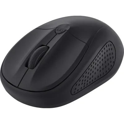 A black wireless computer mouse is shown from a slightly elevated side angle against a white background.