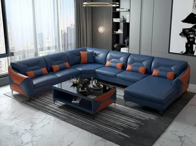 Productafbeelding van Moderne woonkamer set: hoekbank, salontafel, LED-bank, blauw, luxe