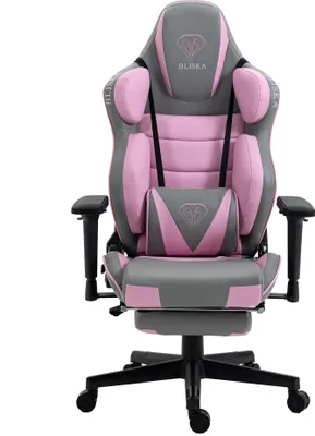 A gaming chair with a footrest and ergonomic armrests, shown from the front.