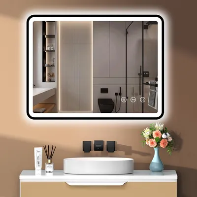 Produktbild von PESENXAN LED Spiegel Bad 80 x 60 cm mit Beleuchtung – Antibeschlag & IP44 Wasserdicht, 3 Einstellbare Lichtfarben, Dimmbar, Speicherfunktion, Schwarz