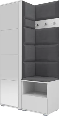 A white and dark gray corner wardrobe set with a bench and coat hooks.