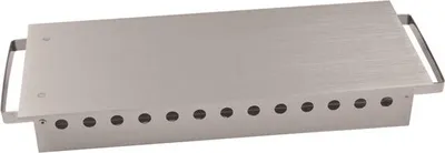 A stainless steel food warmer with handles and ventilation holes.