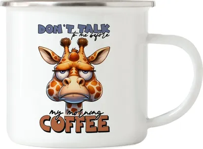 Produktbild von Don't talk to me before my morning coffee Grimmige Giraffe Emaille Tasse - Witziger Spruch