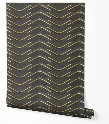 Produktbild von Selbstklebende Tapete Möbelfolie 3D Chevron Wellen Muster Schwarz Gold Metallischer Effekt Modern Elegantes Design Strukturierte Linien Wohnzimmer Schlafzimmer Flur Küche 5m x 0,5m