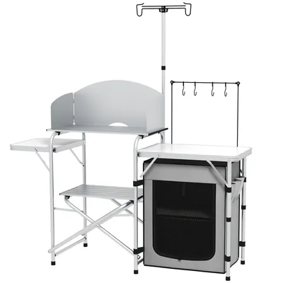 Produktbild von Campingküche, faltbar, 3 Arbeitsplatten, Windschutz, Stoffschrank, 144x48x119cm, Silber