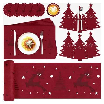Produktbild von Weihnachtstischdecke, Weihnachts Tischläufer, 19-teilig Rot Weihnachten Tischset, Weihnachtstischläufer Platzset, Tischset Platzsets Bestecktasche Weihnachten