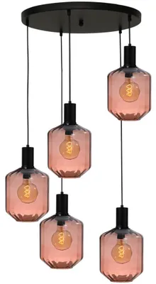 Productafbeelding van 5-lichts vide hanglamp - zwart - Porto met Jagger red glazen - Ø 24cm