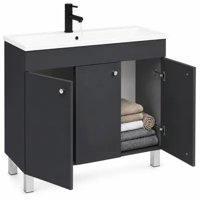 Produktbild von paplinskimoebel Waschbecken mit Unterschrank IGA Waschtischunterschrank, Stehend, Eckig, Keramik, Badmöbel Set Waschplatz (Graphit, 80 cm)