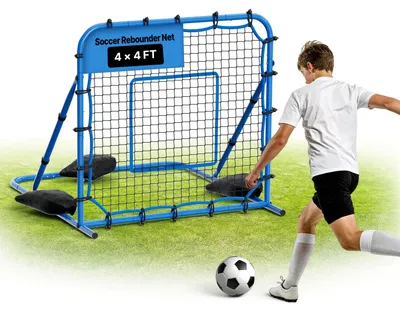 Productafbeelding van VEVOR voetbal rebounder, 108 x 109 cm, terugkaatsnet met verstelbare hoek en robuust ijzeren frame, PE trainingsnet voor balcontrole en passingoefeningen, bal trainingsapparaat voor jongeren en volwassenen