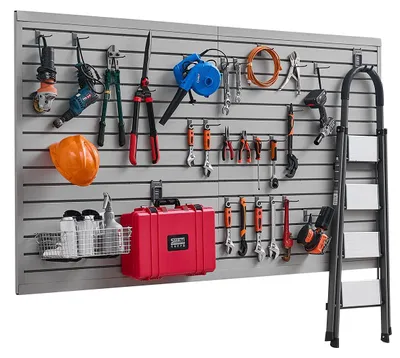 Obrázek produktu pro VEVOR stěna na nářadí 1225x2450x20 mm, PVC lamelová garážová stěna s příslušenstvím, každá deska váží 136 kg, vhodná pro skladování a prezentaci
