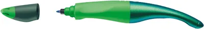 A green rollerball pen with its cap off, shown against a white background.