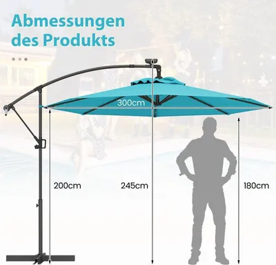 Produktbild von 300 cm Terrassenschirm mit Solar-LED-Leuchten und Kurbel