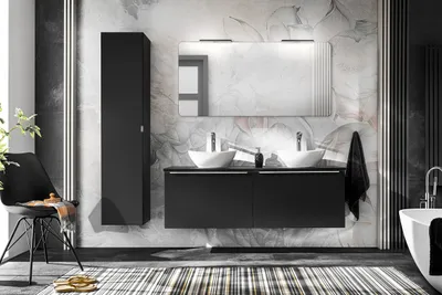 Produktbild von MONTIERT Badmöbel Set SANTA FE 120 cm mit 2 Waschbecken SCHWARZ MATT SOFT-CLOSE Waschtisch Spiegel Hochschrank