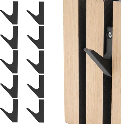 A collage of black hooks on a white background and a close-up of a black hook attached to a wooden slat wall.