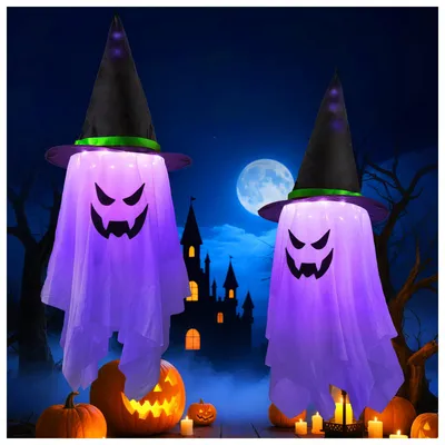 Produktbild von 1 Meter Lichterkette, batteriebetrieben, 8 Lichtmodi - Set aus 2 - Halloween-Dekoration für den Garten, hängende Geister - Geist für Partys