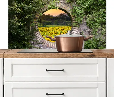 Produktbild von KitchenYeah®  Spritzschutz Küche - Küchenrückwand - Wandschutz für Herd und Spüle - Durchschauen - Blumen - Sonnenblume 100x50 - Alu-Dibond (Alternative zum Spritzschutz aus Glas) - Hitzebeständig - H
