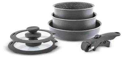 6-teilige Granit-Pfannenset mit Glasdeckel, Induktion, schwarz